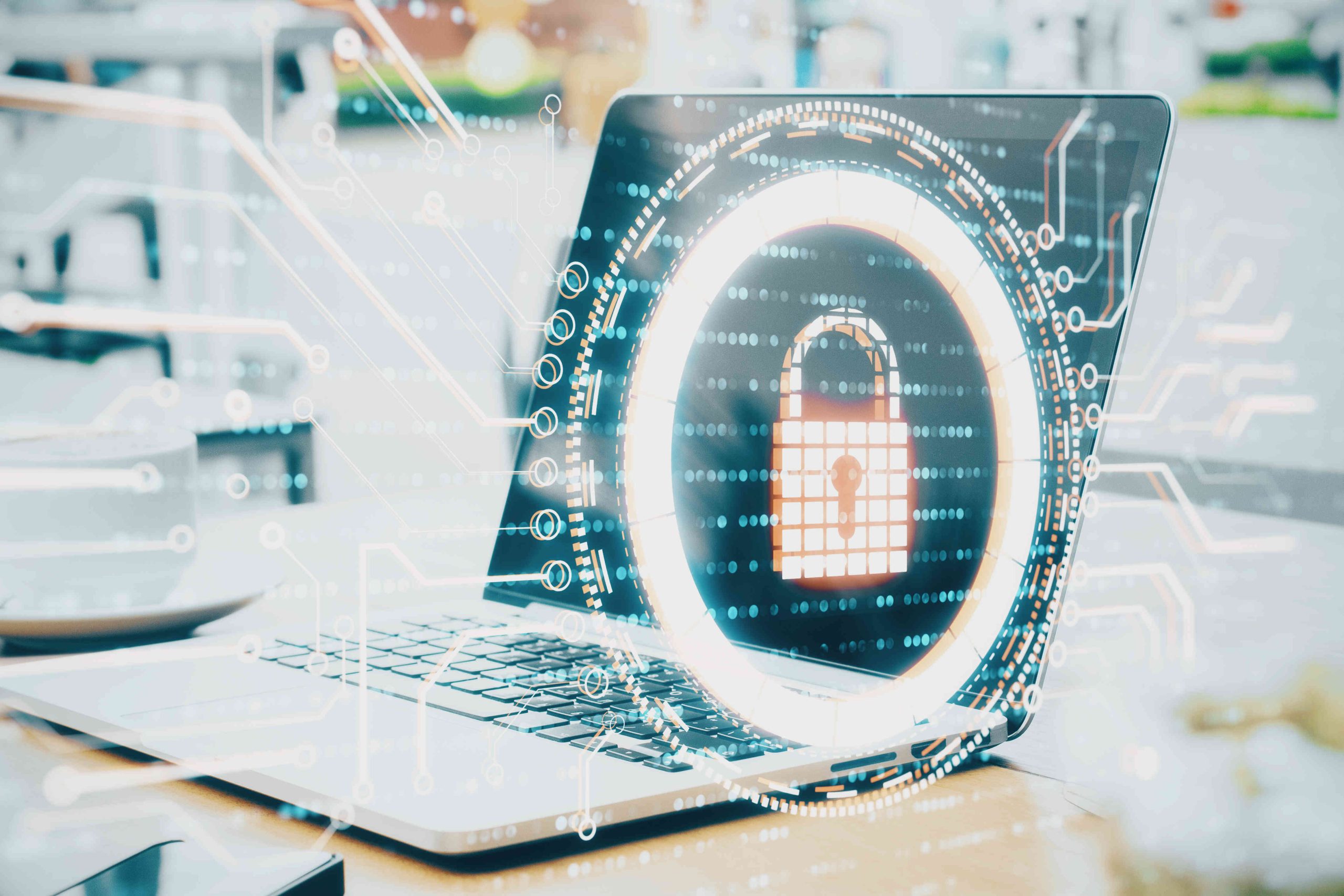 Computador portátil con un ícono de candado digital iluminado, representando la seguridad de la información y la protección de datos en entornos académicos.