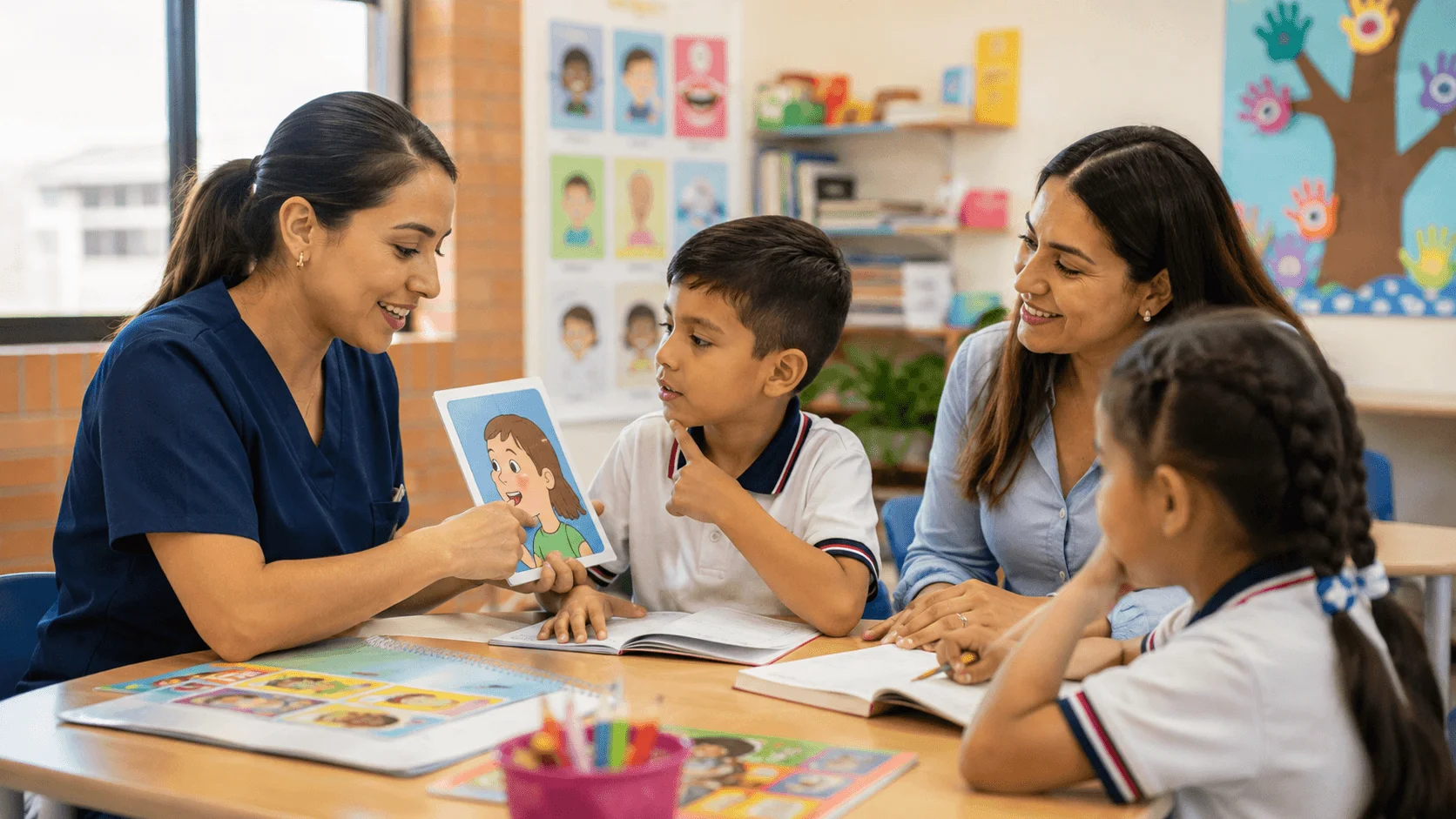 Fonoaudióloga acompañando a estudiantes en actividades de comunicación y aprendizaje en un contexto educativo escolar.