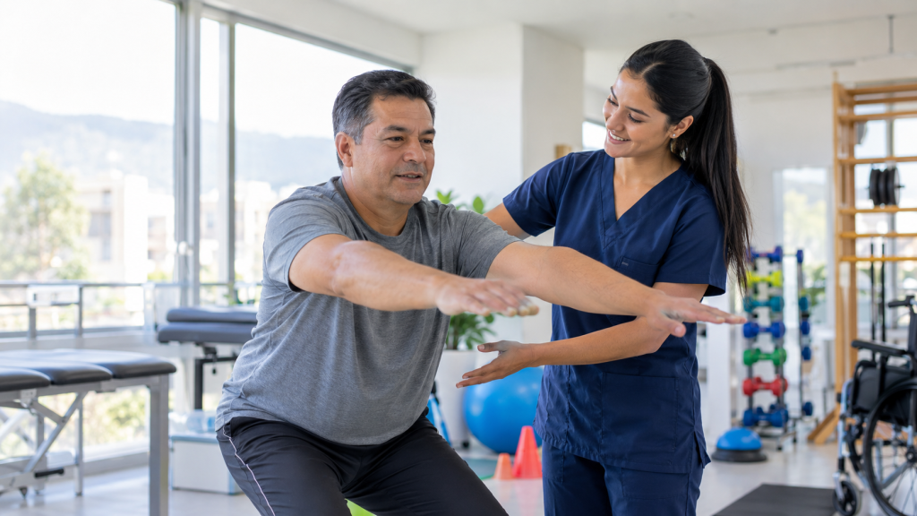 Día Mundial de la Fisioterapia 2026: una profesión que transforma a través del movimiento 2 Fisioterapeuta acompañando a un paciente durante un ejercicio de movilidad y rehabilitación funcional.