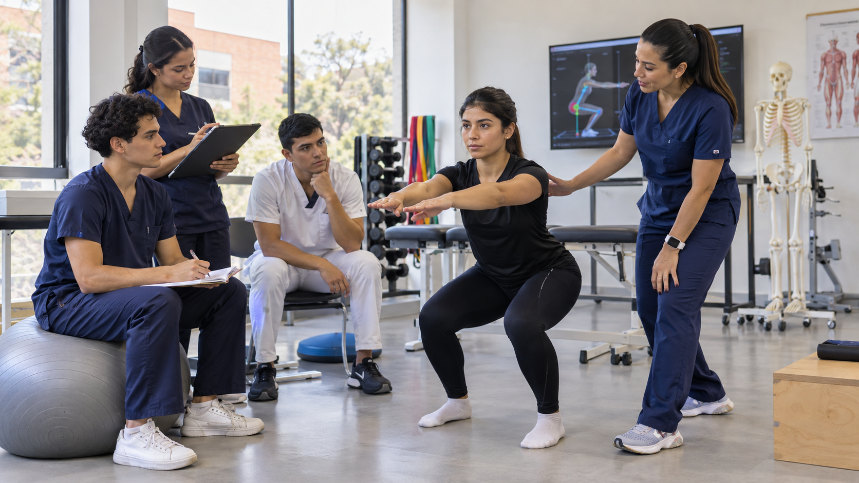 Estudiantes de Fisioterapia en una práctica académica de análisis del movimiento humano y ejercicio terapéutico.